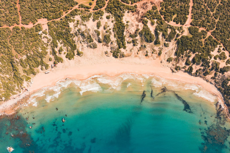 Aerial view of the sandy Lara Beach with turquoise sea and rugged coastline on the Akamas peninsula, Cyprus.