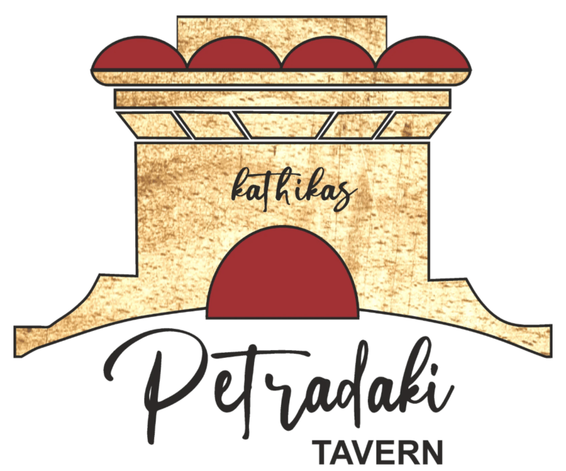 Logo of Petradaki Tavern in Kathikas, featuring stylised lettering on a stone-textured background.