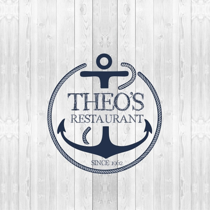 Logo of Theo's Restaurant featuring an anchor emblem and the restaurant name on a light wooden background.