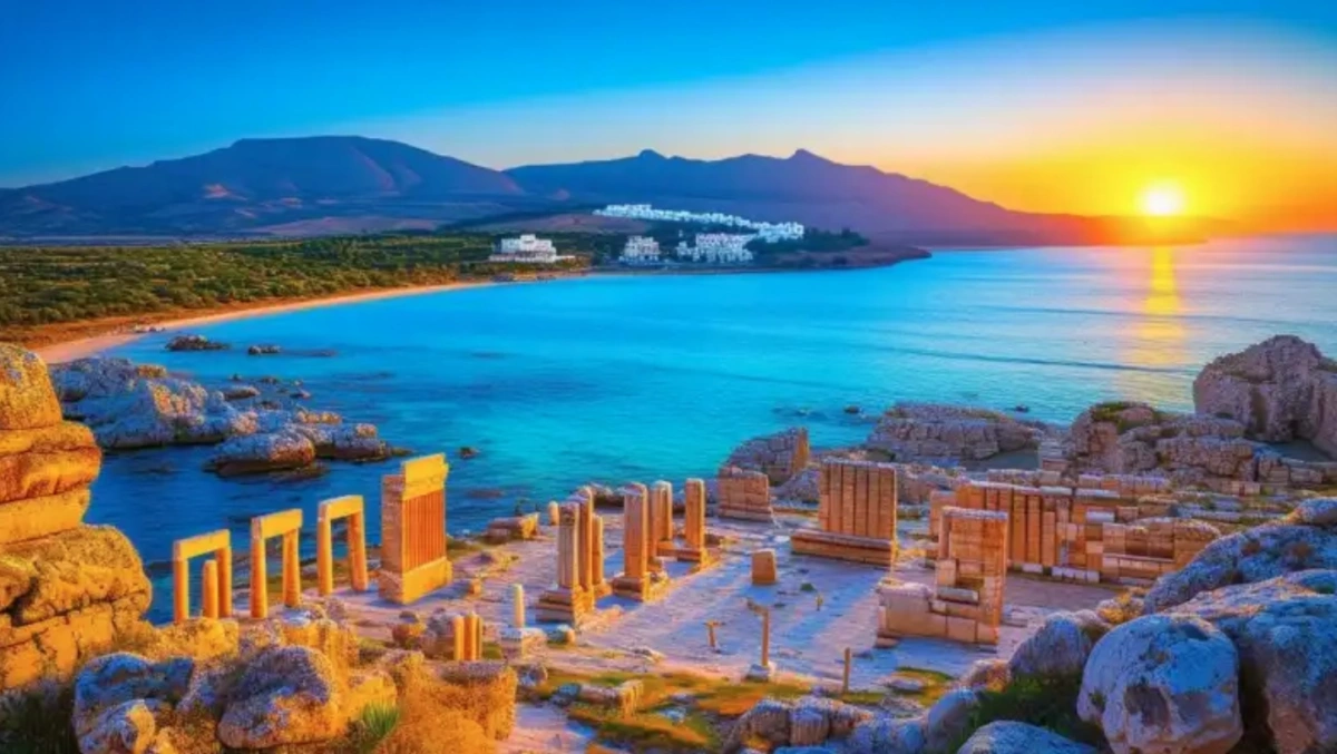 Ancient stone ruins of an archaeological site overlooking the turquoise sea and mountains at sunset in Cyprus.